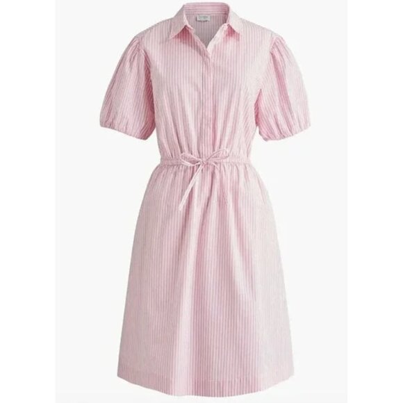 J. CREW Collared Puff Sleeve Mini Shirt Dress Striped Cotton Pink White Preppy - Picture 1 of 16